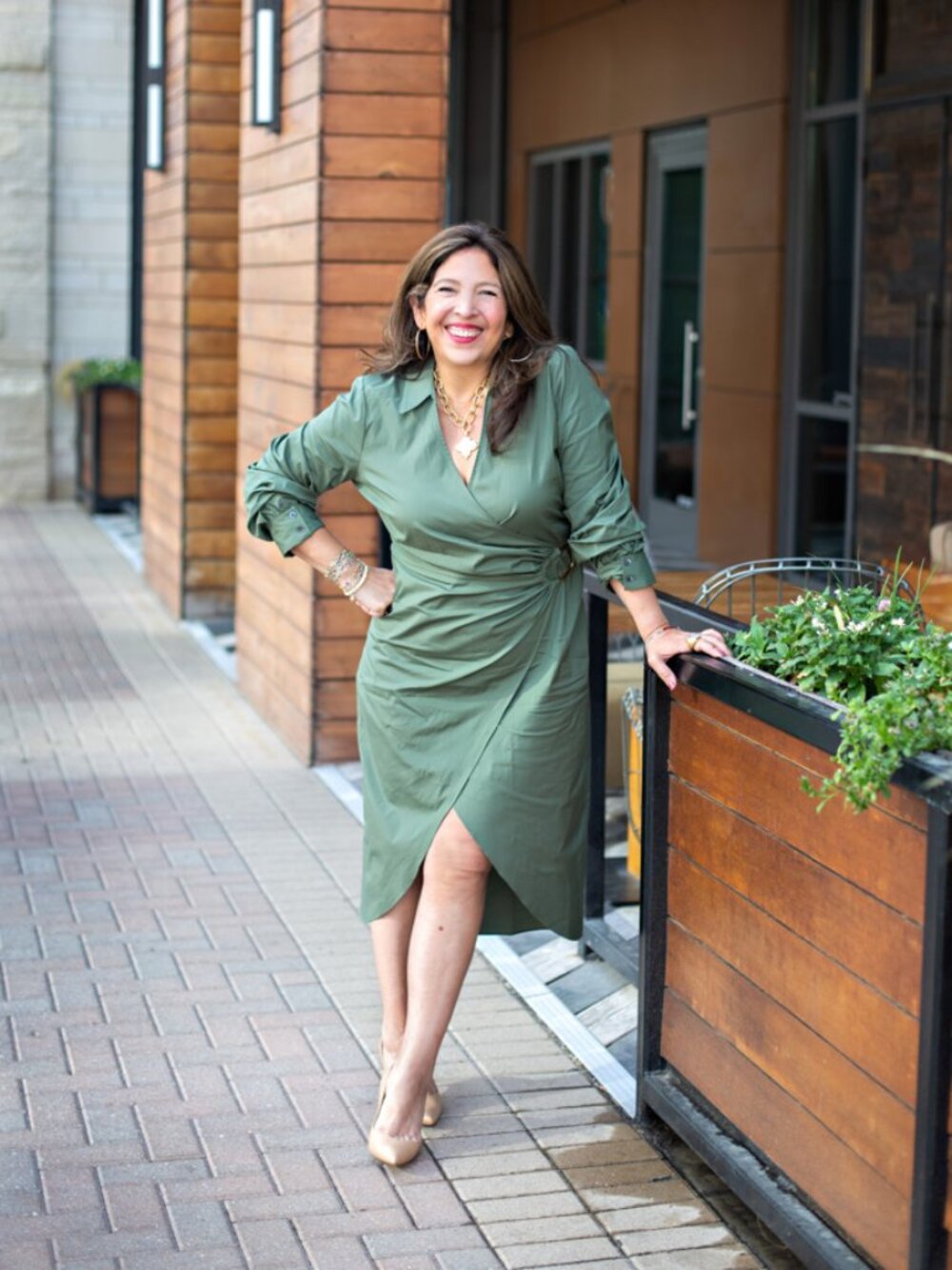 Veronica Beard Afton Midi Wrap Dress Army Green Gold Ring Size 16